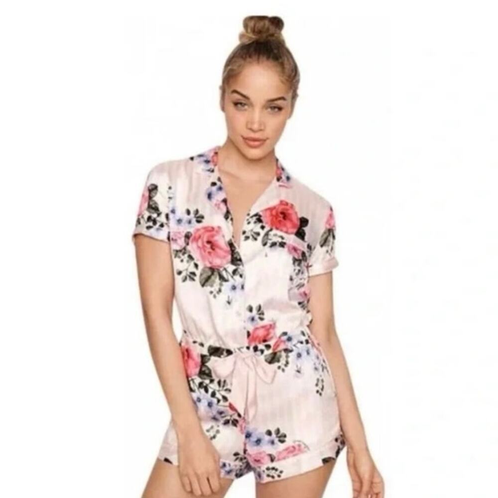 Victoria’s Secret Satin Floral Pink Striped Pajama Romper Shorts Size M